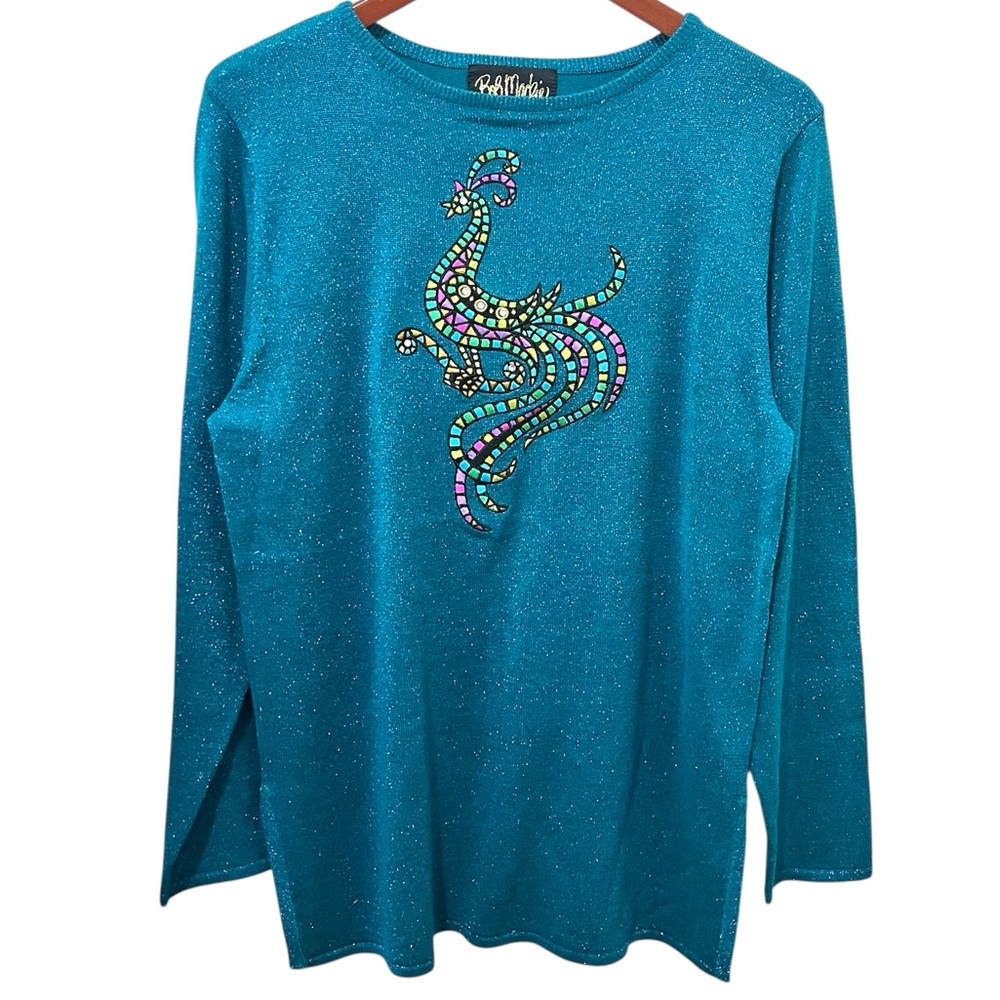 Bob Mackie Wearable Art Teal Metallic Shimmering Sweater Peacock Embroidered SM - Picture 2 of 8